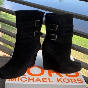 KORS Michael Kors Black Suede Wedge Zipper Boot